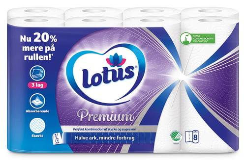 Lotus T4 Premium køkkenrulle 3-lags, 8 ruller, 13,8m x 20,9cm