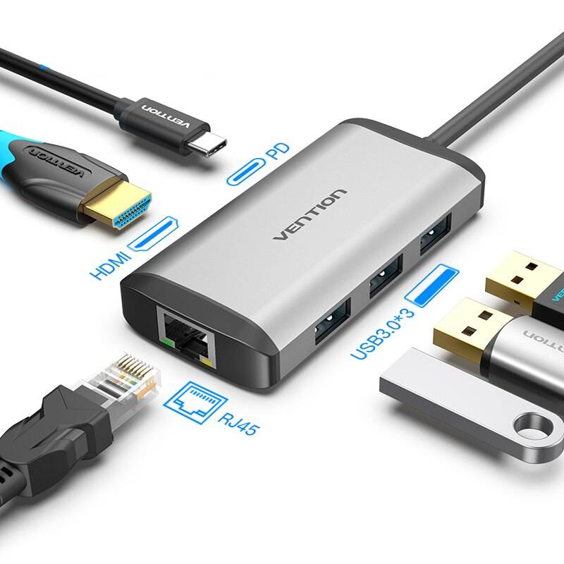 Vention usb c hub type-c to 4k hdmi rj45 vga usb 3.0 hub dock för macbook pro huawei mate 30 usb -c 3.1 splitter port usb-c hub - 6 in 1 cnc