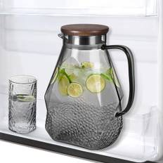 ecooe Glaskaraff 1,8 l vattenkaraff för kylskåpsdörr, karaff glas med lock, svart kylskåpsklipp, vattenkanna glaskanna för varm/kallt vatten, gör-det-själv-drycker, iste, juice, mjölk, te, kaffe