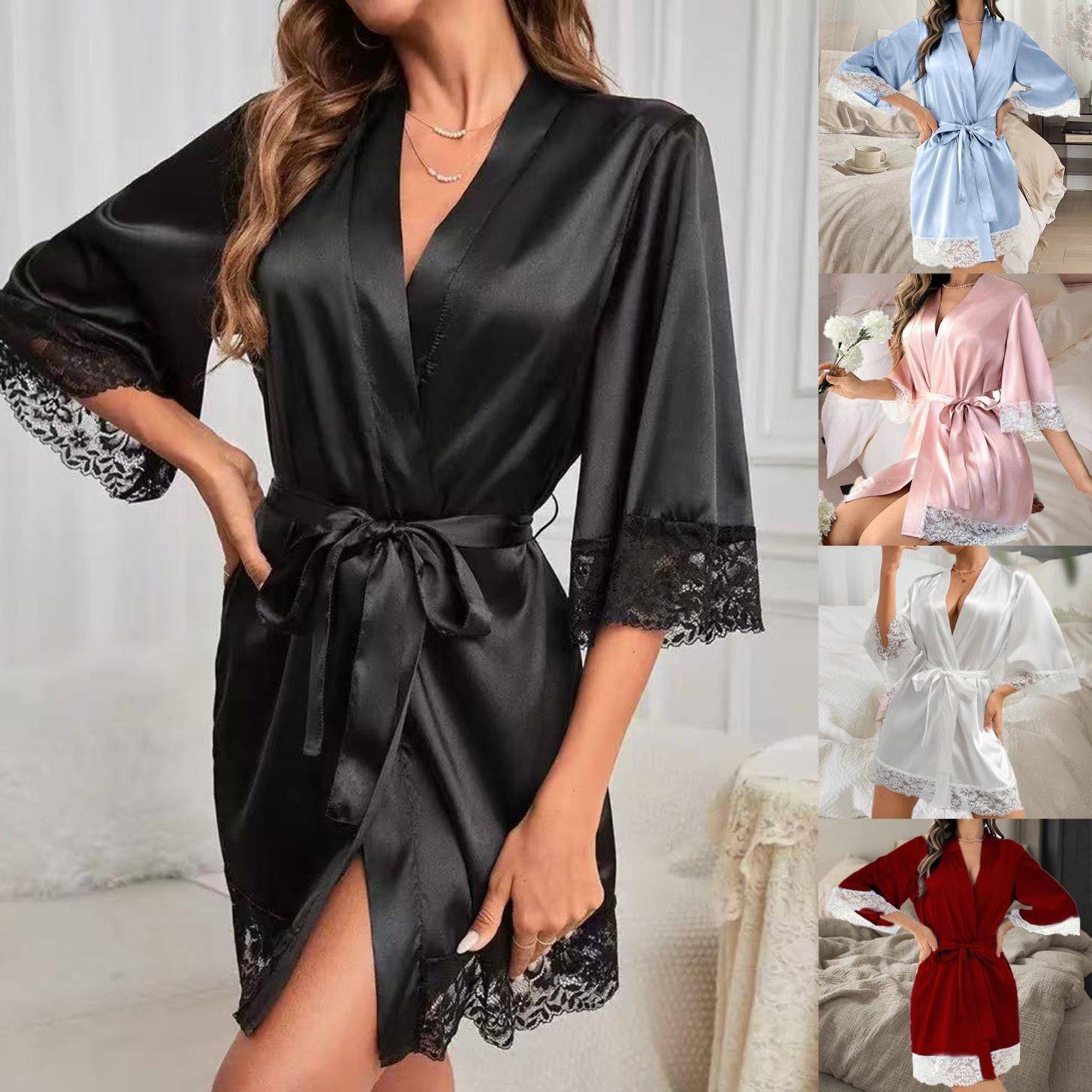 Brudbadrock Elegant Satinkåpa Nattlinne V-ringning Bälte Brudloungewear Brudtärnegåva Spetskant Kimono Kort Sovplagg cm vit
