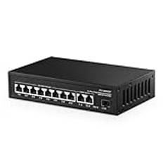 Binardat 11 Port POE-switch, 8 POE+-portar 10/100 Mbps, 2 Gigabit Uplink, 1 Gigabit SFP, IEEE802.3af/at, 135 W strömförsörjning, metallfodral ohanterat Plug and Play