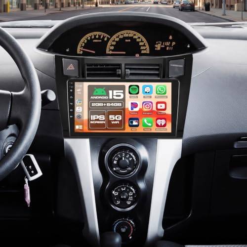 Hikity Bilradio Android 15 [2+64 GB] trådlös CarPlay Android Auto för Toyota Yaris 2006-2011, 9-tums skärm, Bluetooth, Mirror Link, GPS, WiFi, FM, SWC, USB, EQ