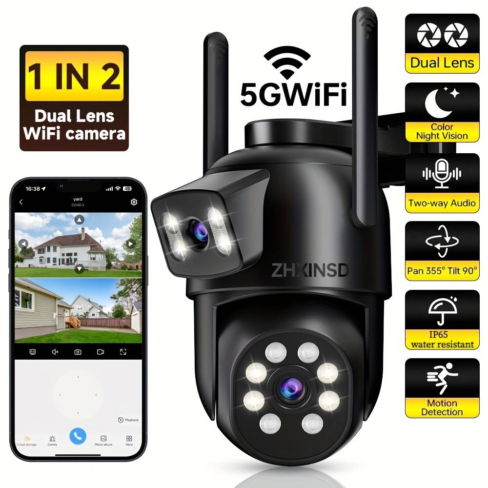 TEMU Zhxinsd Dual-lens Wifi Security Camera - 2.4/5g Wifi, 360° Pan/tilt, Ai Human Detection, Color Night Vision, Audio, Ip65, Usb Powered - Outdoor Wireless Home Surveillance Camera.