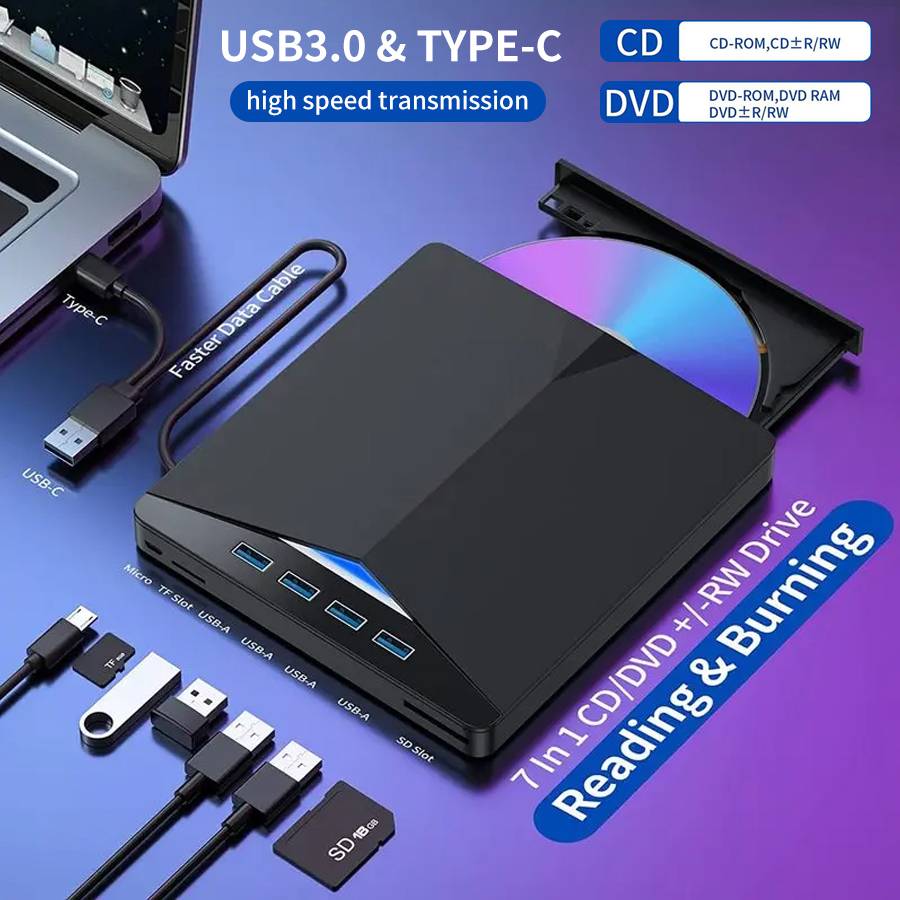 7-in-1 USB 3.0 Type C TF SD External CD DVD RW Optical Drives DVD Burner Recorder Reader Player Tray Type for PC Laptop Notebook