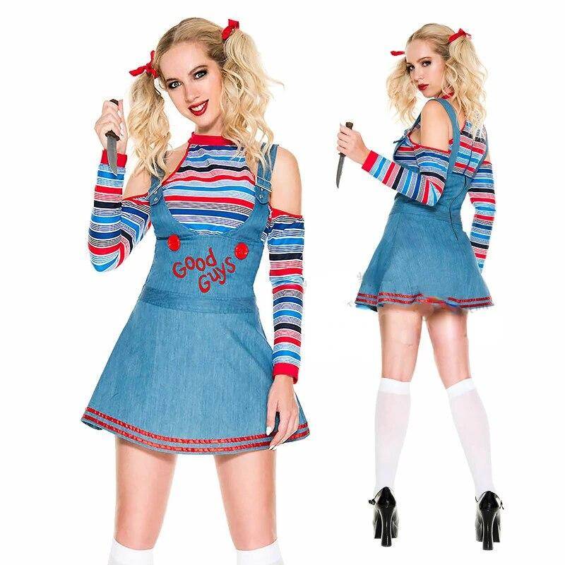 Ghost Doll Cosplay Chucky Kostymer Kvinnor Outfit Vuxna Flickor Fancy Klänningar Karneval Skräck Spökdocka Clown Kostym Halloween cm gray