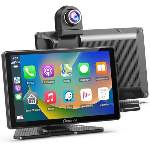 Carpuride W703 bärbar trådlös Carplay och Android-bil med instrumentkamera – 7 tum HD IPS-skärm, 4K främre och backup-kamera, loop-inspelning, bluetooth, spegellänk, GPS, Siri, instrumentpanel
