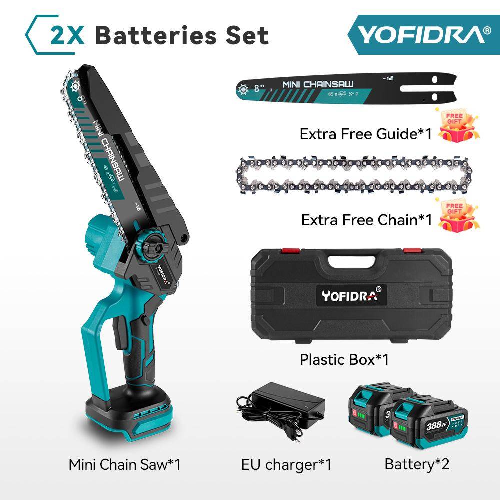 YOFIDRA 3500W 8 tum Borstlös Elektrisk Motorsåg Sladdlös Elektrisk Kapning Beskärning Kedjesåg Trädgårdsverktyg För Makita Batteri Stift With 2 Battery EU Plug