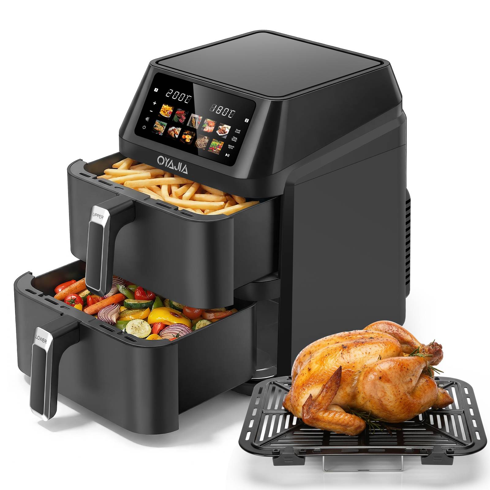 Double-layer Air fryer 12L Dual Chamber Fryer With Digital Touch screen Oil Filter Screen, 6+6 Liters XXL 2600W Black Stainless Steel Air Fryer