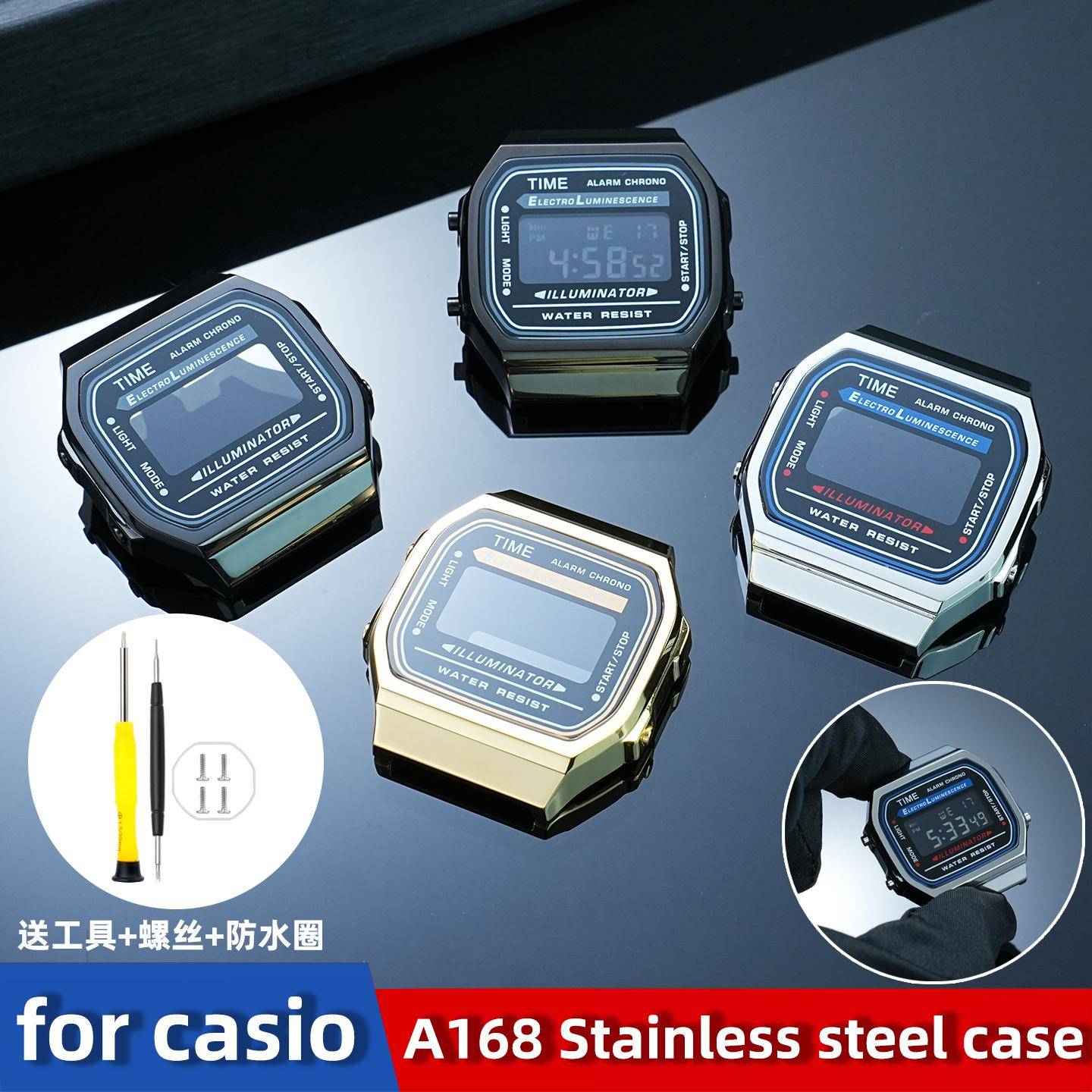 Mod-kit för Casio A168 A168WG|Kapsel i rostfritt stål, Metallring, Klockarmband, Glaslins & Vattentät ring Ersättningstillbehör gray