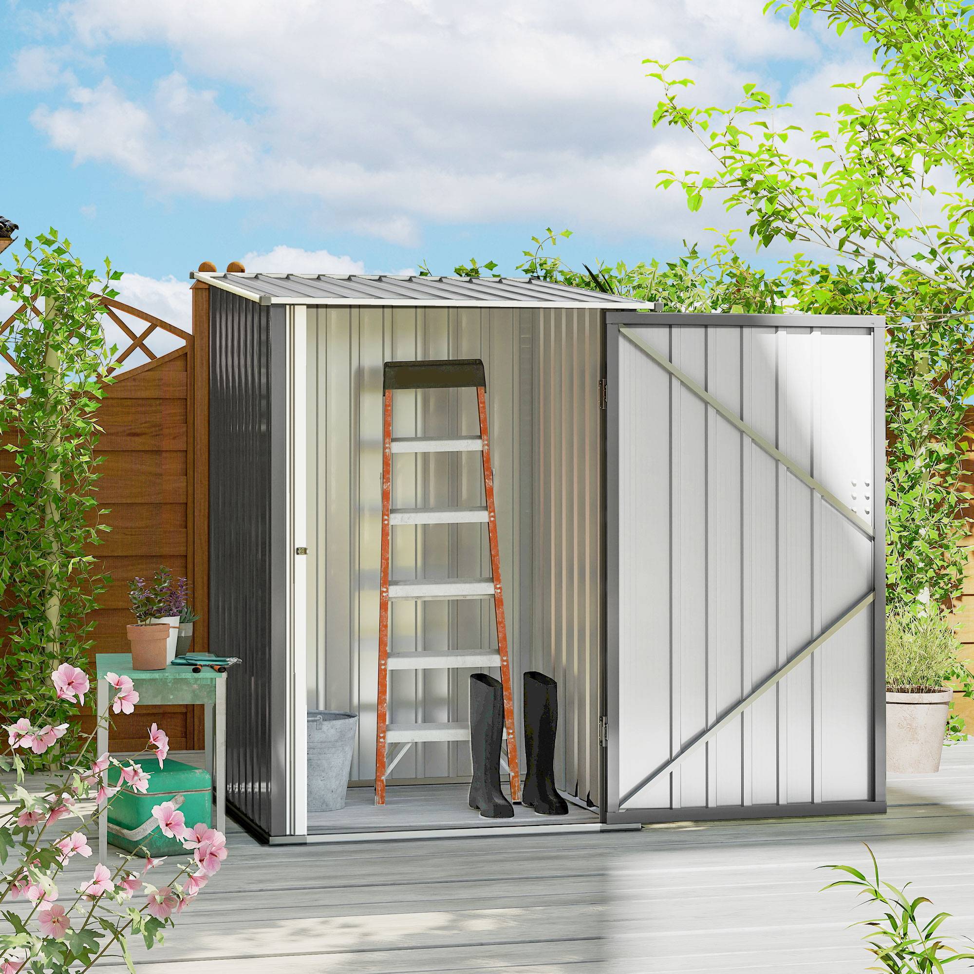 Stålredskabsskur 0,92 m² aflåseligt haveskab med nedhængt tag, 100x103x160cm, grå.