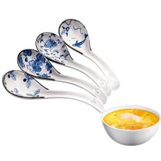 Latrt 4 stycken asiatiska soppskedar, unika mönster ramar sked keramik sked, långt handtag sked set för dumplings, risnudlar, Wonton, nudlar och soppor