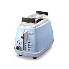 De'Longhi Brödrost Icona Vintage CTOV2103.AZ – 2 slitsar brödrost med brödfäste, rostfritt stål i elegant retrolook med kromdetaljer, blå