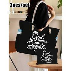 2 Pieces Bible Verse Canvas Tote Bag Set With Pockets â Large Capacity Shoulder Bag & Matching Small Pouch, "With God All Things Are Possible" Inspi - Multicolor