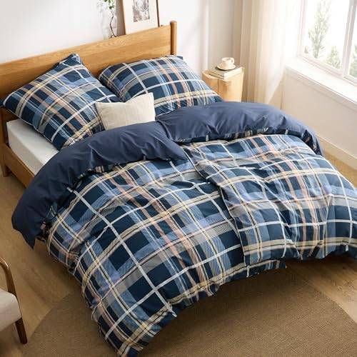 BEDSURE Bettwäsche 135x200 4teilig Baumwolle - Bettwäsche-Sets 2er Set Bettbezug Warm mit 2 Kissenbezüge 80x80 cm, ÖKO-TEX Wendebettwäsche Bedding mit Reißverschluss Blau Kariert Muster