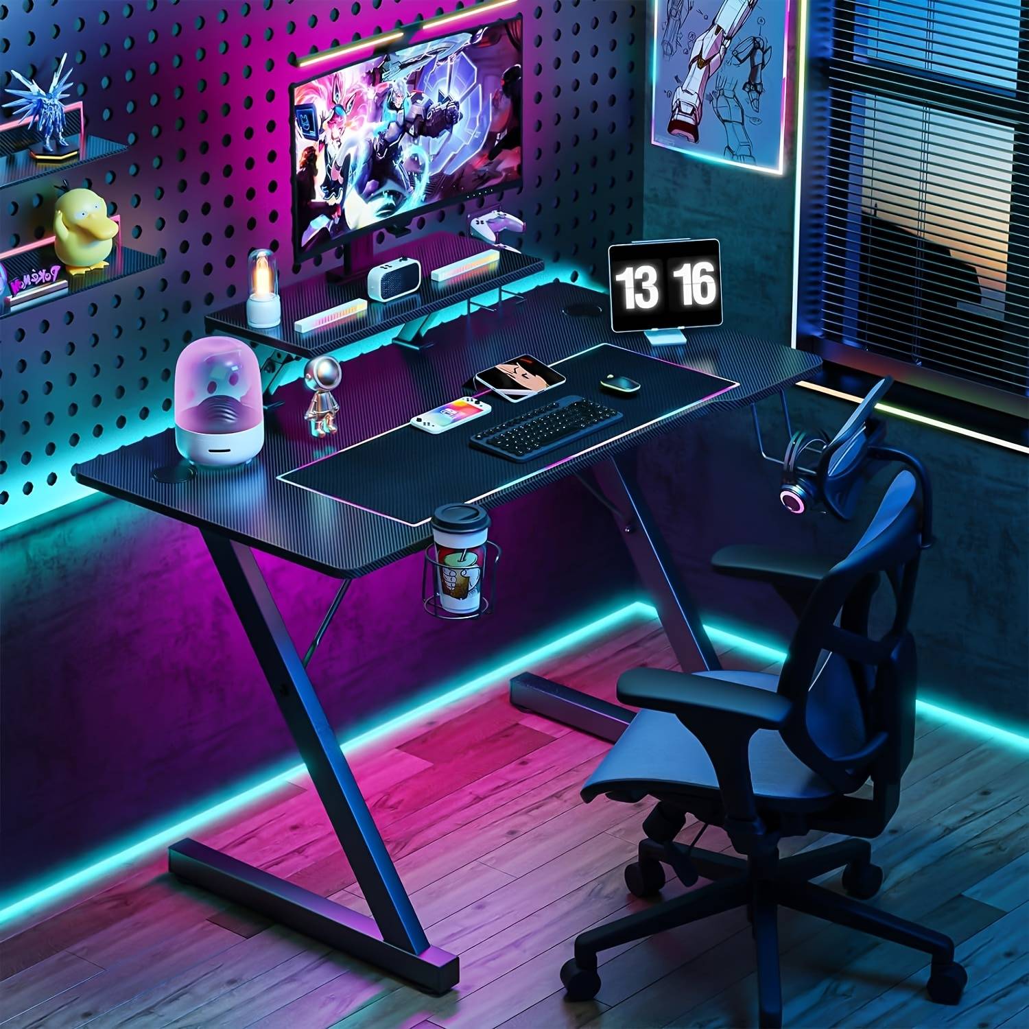 Desk For Gaming 100x55cm, Gaming Desk With Monitor Shelf, Pc Gaming Table Gaming With Carbon Fiber Surface, Gaming Table Computer Desks For Home With Cup Holder And Headphone Hook