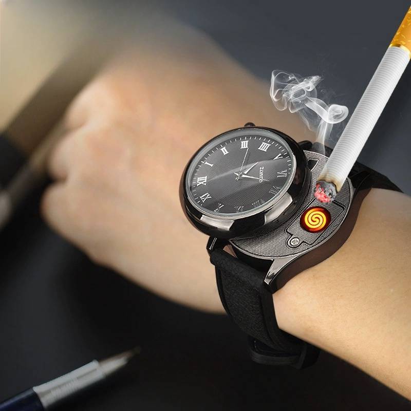 Metal USB Watch Lighter Outdoor Windproof Flameless Tungsten Wire Charging Portable Multi Functional Lighter Men's Smoking Gift