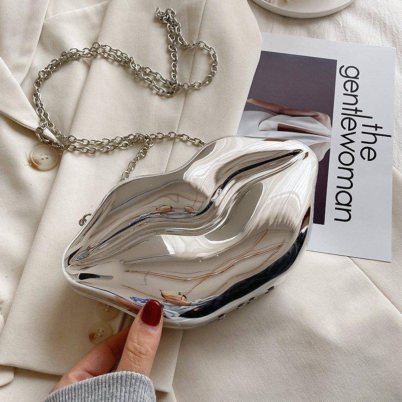 women's small pvc lips streetwear square magnetic buckle shoulder bag crossbody bag - Silver