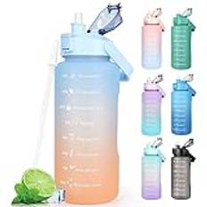 Vattenflaska 2 l BPA-fri sportdryckskanna med tidsmärkning och låsskydd, läckagesäker 2 liter vattenflaska med bärbart handtag, blå vattenflaska