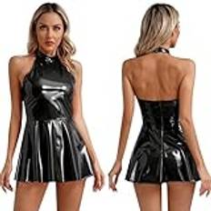 Glansig klänning för kvinnor latex halter ärmlös skate-klänningar swingkjol party dansdräkt svart-4XL