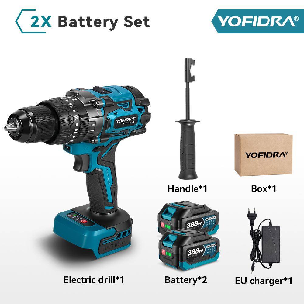 YOFIDRA 900 Nm 13 mm Borstlös Elektrisk Slagborr 20+3 Vridmoment Sladdlös Skruvdragare Drivare Elverktyg för Makita 18V Batteri Pinne 2 Battery Set A