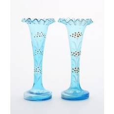 2 Antikke små blå glas vaser med Blomster