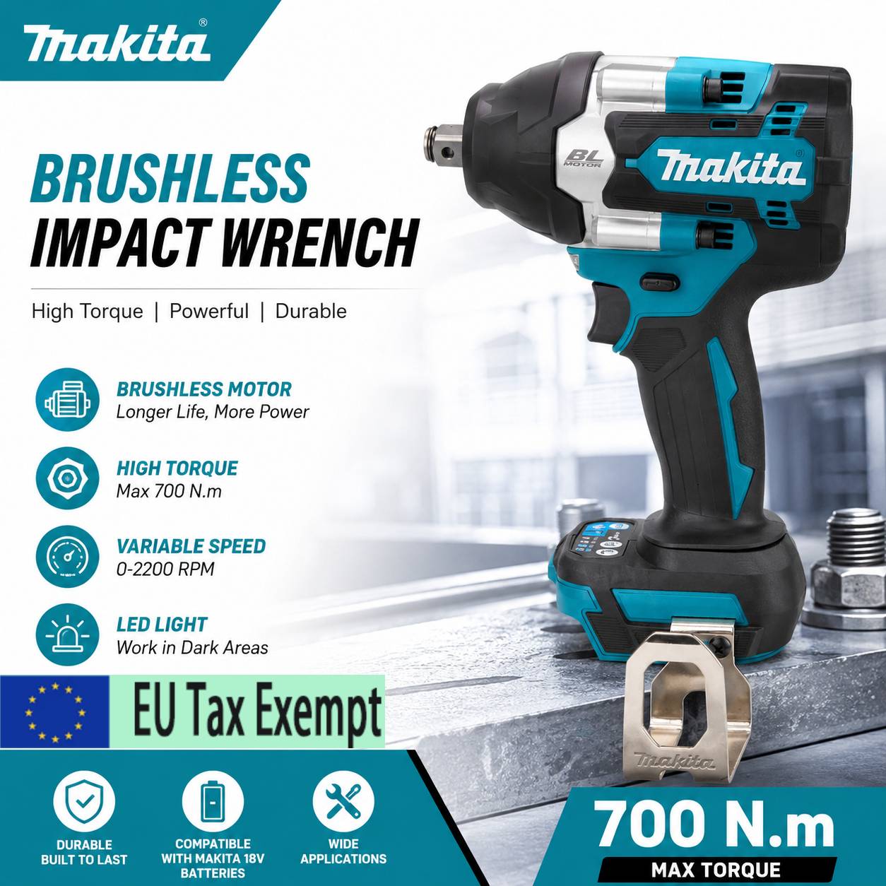 700N.m Brushless Cordless Impact Wrench for Makita 18V Battery High Torque Electric Wrench Variable Speed Power Tool for Car Tire Repair