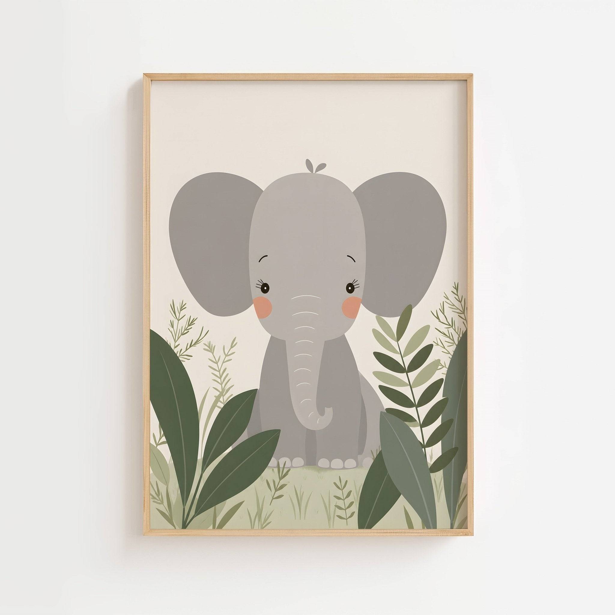 Elefant i djungeln poster-21x29.7 cm / 8x12" / Med ram / Ljust trä
