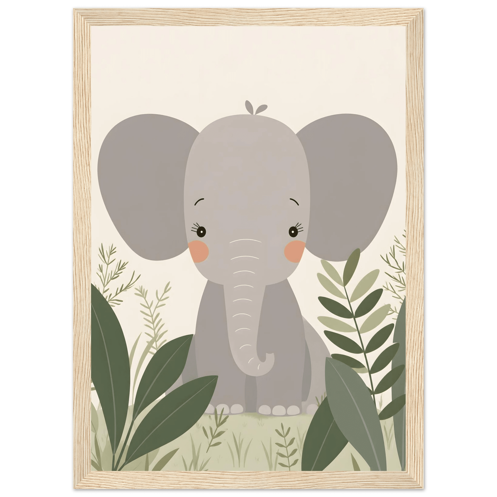 Elefant i djungeln poster-21x29.7 cm / 8x12" / Med ram / Ljust trä