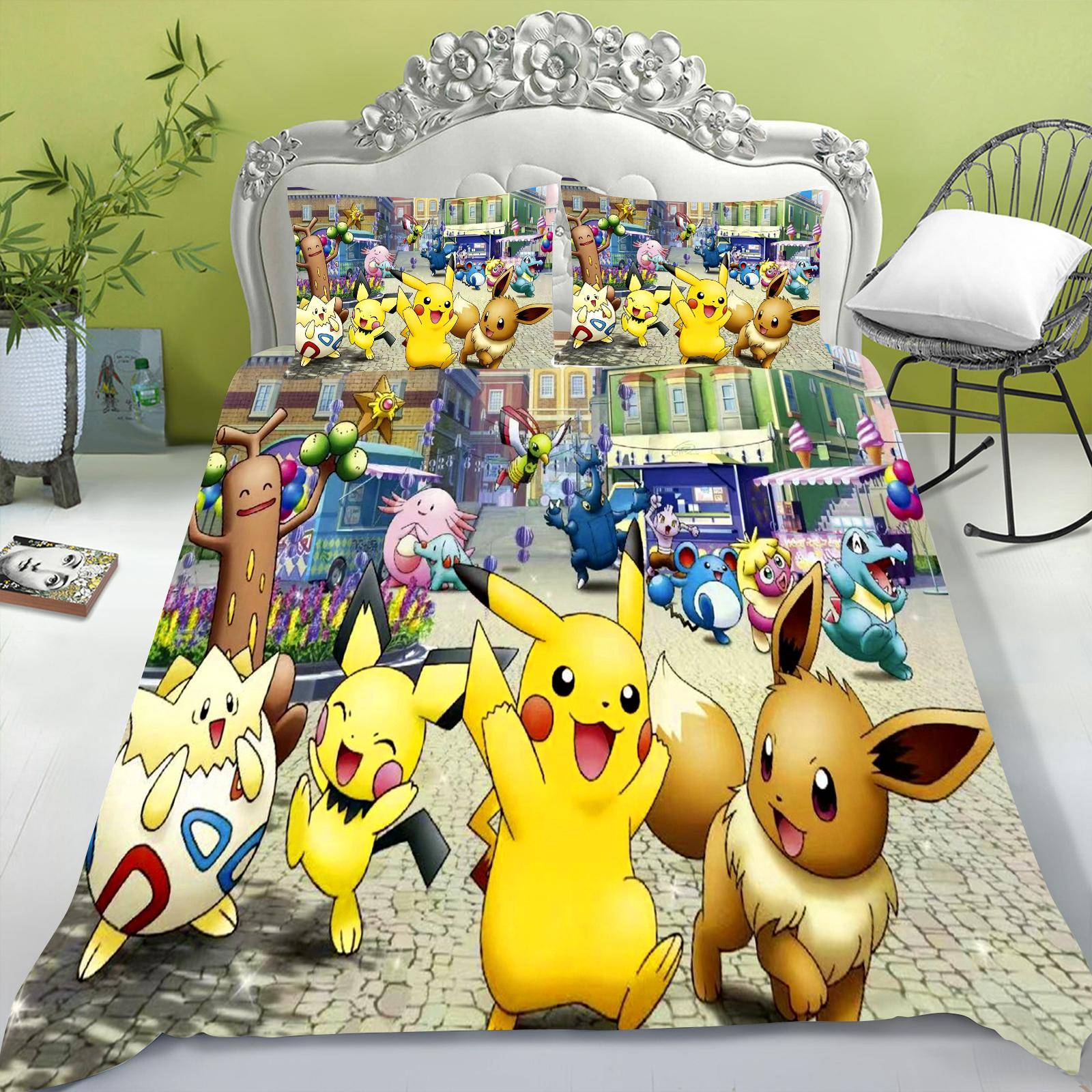 Tecknad påslakan set för barn, Pikachu Anime täcke, King Size täcke, Queen, Grad A, 3D sovrumslakan 228x228cm