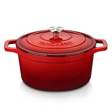 Vancasso brödkruka för bakning gjutjärnsgryta, 5 l 26 cm emaljerad beläggning, gjutjärnsbrödkruka för bakning, gryta, gjutgryta, lämplig för alla typer av spisar och induktion, rund, röd, 5 l