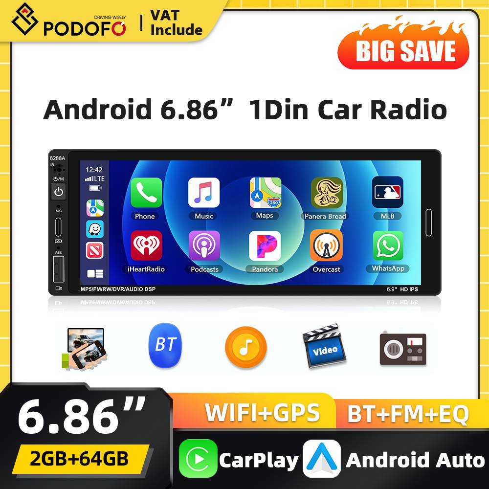 Podofo 2+64G Android 1 Din Car Stereo Radio Carplay Android auto Bluetooth WIFI GPS Car Multimedia Video Player FM Receiver