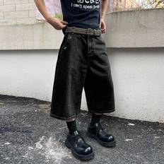 Men&#39;s Casual Washed Wide Leg Denim Shorts Baggy Jeans Men Wide Leg - Black - L,M,S,XL,XXL