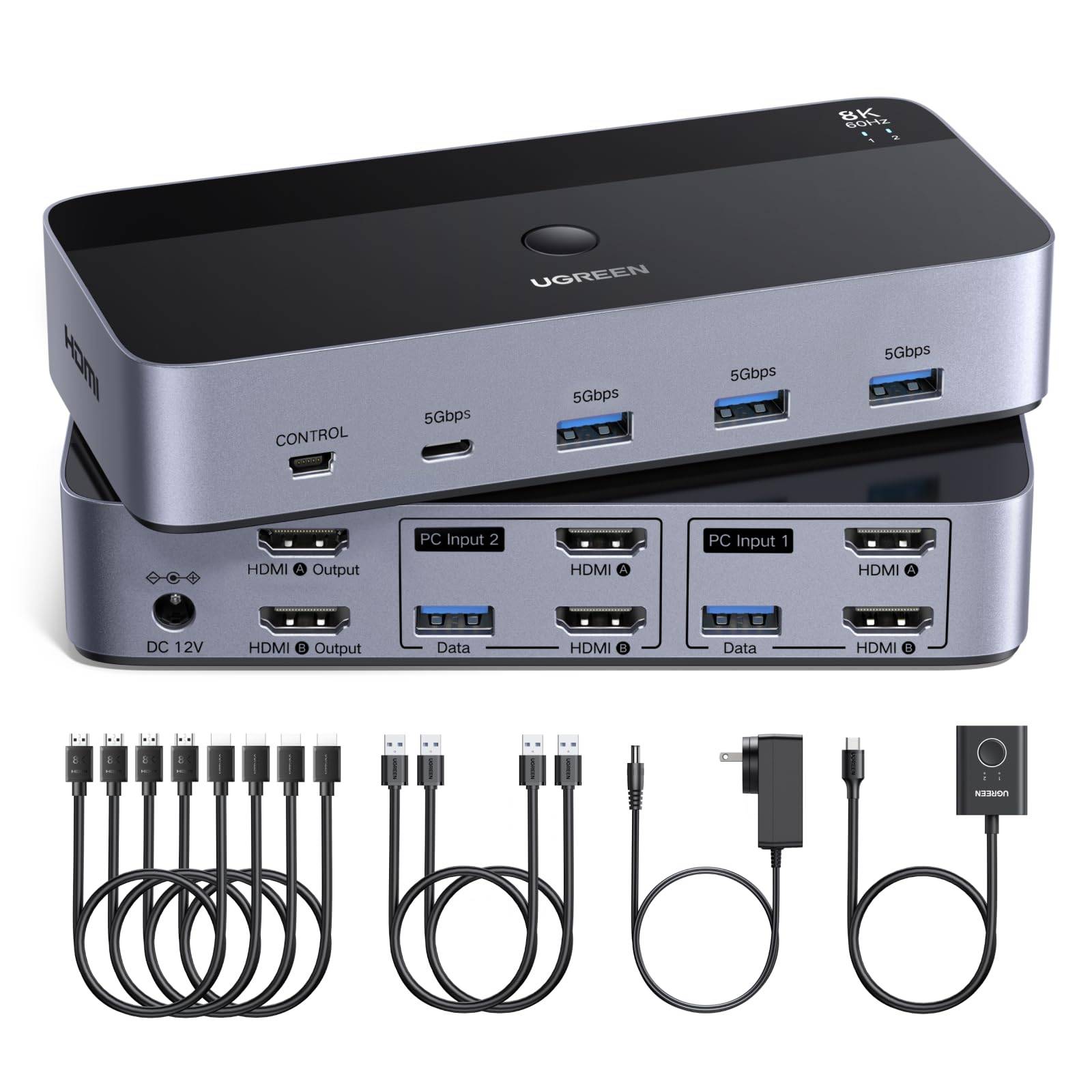 UGREEN HDMI 2.1 KVM Switcher, Dual Monitor Support, 2 Inputs/2 Outputs, 8K@60Hz Compatible, 3x USB 3.0 + USB-C, Dual Screen Sharing for Two PCs, Wired