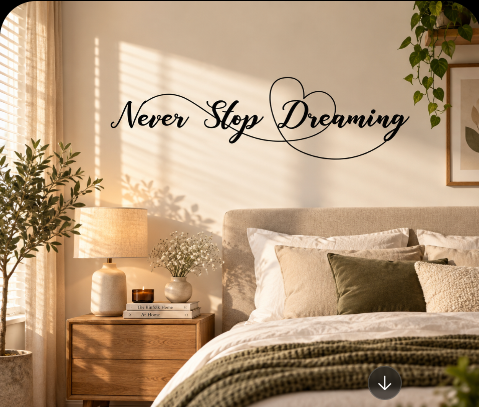 Textdekal med citatet "Never stop dreaming"