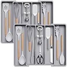 Lifewit besticklåda, förlängningsbar stor besticklåda för köket, justerbar bestickförvaring för silverbestick, plastredskap köksredskap slickepott verktyg och småprylar, Stor, 2 st., Grå