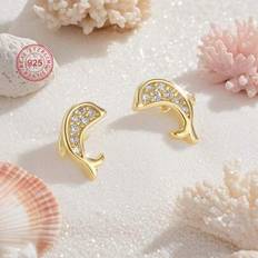 1 st. örhängen i 925 sterlingsilver med låg allergenstatus och delfinmotiv för barn, med inläggningar av briljant zirkonia, minimalistiska och fina, l - Guld (En-Storlek)