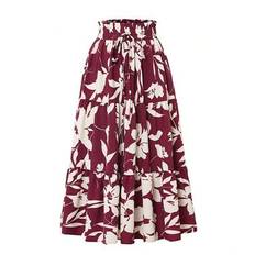 Women&#39;s Floral Print Skirt Elastic Waist Fake Drawstring Elegant And Versatile Calf-Length Design, Flowy And Comfortable, Effortlessly Suitable For Va - Burgundy - L,M,S,XL