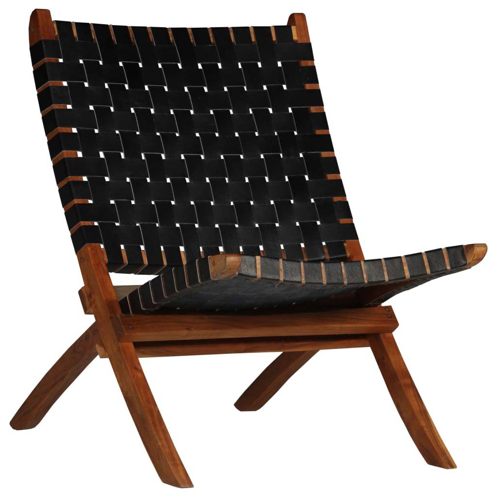 Foldbar Stol Ægte Læder Krydsstriber - Sort / 59 x 72 x 79 cm