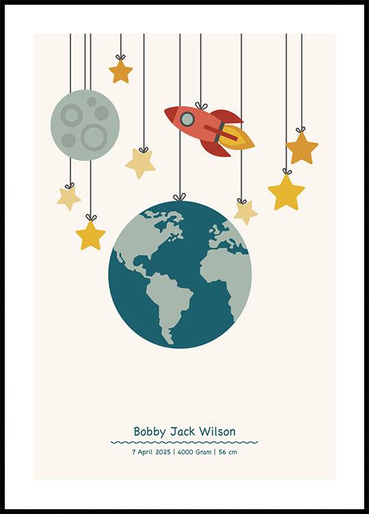Rocket And Planets, Personalized Baby Boy Poster (50x70cm) - Plakater > Barnväggskonst, Illustrationsposters, Personliga Posters, Rymd Posters
