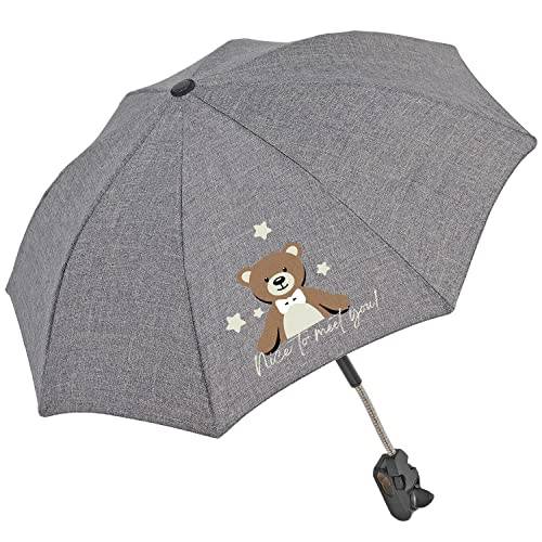 PERLETTI Universell Barnvagnsparasoll med Justerbar Klämma Teddybjörn Tryck - Små Buggy Paraply med Solskydd för Barn Spädbarn - Skyddsparaply Vridbart och Lutbart Grå - Diameter 68 cm (Teddybjörn)
