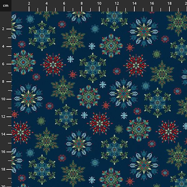 "Nordic Holiday Village, Dark blue snowflakes" by Mary Jane.