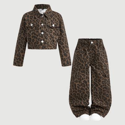 Barn 2 st/set för unga flickor Y2K chic bomull leopardmönstrad denim kort jacka & jeans, höst/vinter, för unga flickors skolkläder, Halloween, vinter - Brun (6Y,7Y,4Y,5Y)