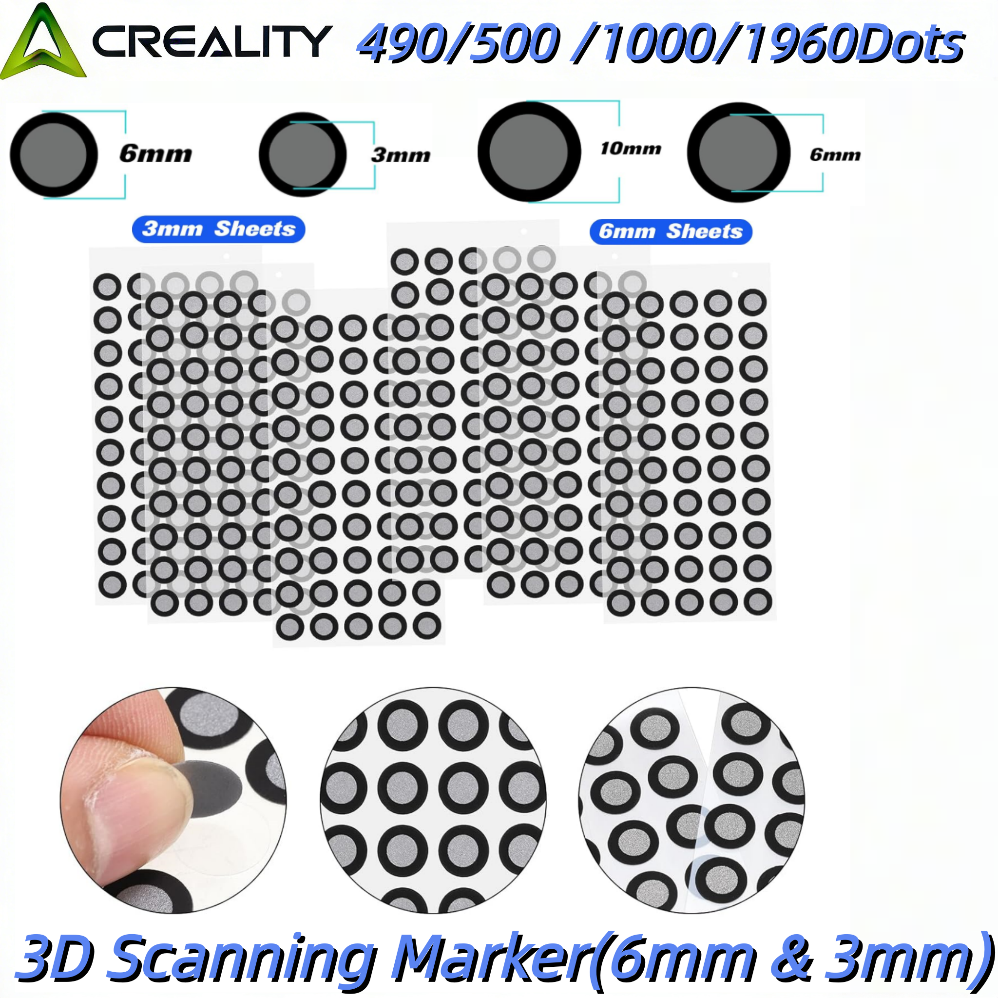 Creality 500/1000 Points 3/6mm 3D Scanning Mark Point for Creality CR-Scan Raptor/ Otter/ Ferret Pro 3D Scanner Tracking Dot