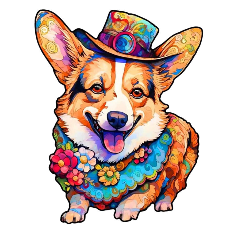 Wooden Animal Jigsaw Puzzle - Colorful Corgi (A5 Size）.