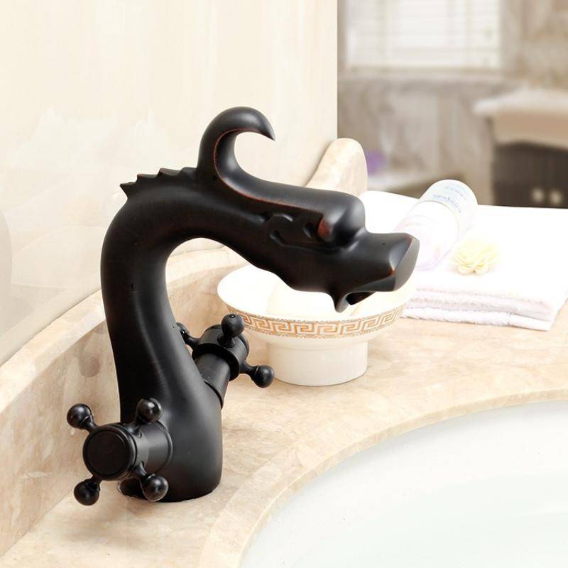Black All-Copper European Antique Gold Faucet Dragon-Shaped Single-Hole Bathroom Retro Black Washbasin Basin Faucet Hot and Cold