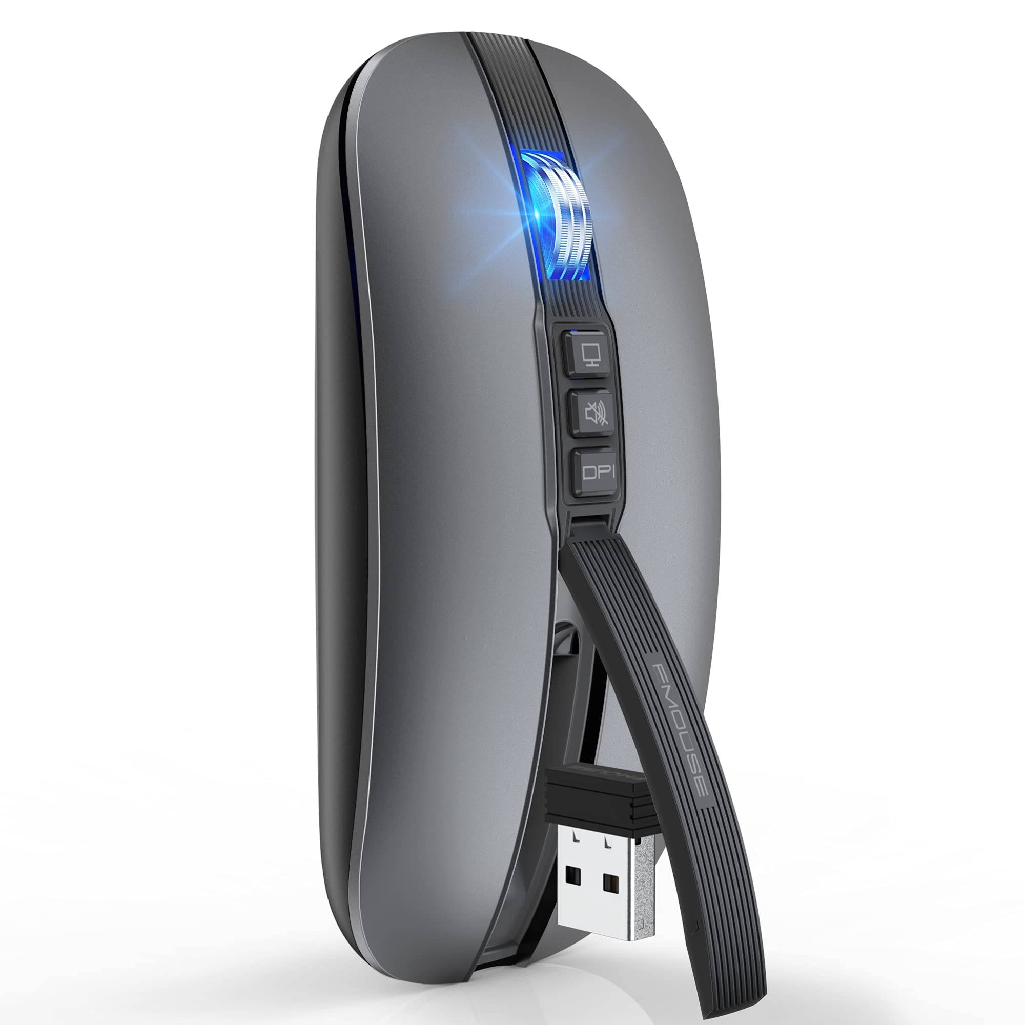 FMOUSE Bluetooth Mouse Wireless Mouse Wireless Mouse Quiet Rechargeable Thin Compact 6 Buttons Optical High Precision Energy Saving Desktop Back grå färg