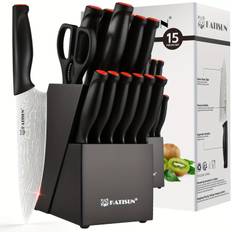 TEMU Damascus Pattern 15pcs Kitchen Knife Set With High Carbon Steel Chef Knife, Includes Sharpener And Scissors, Ergonomic Black Anti-slip Handle And Red Trim, Professionals, Local Warehouse