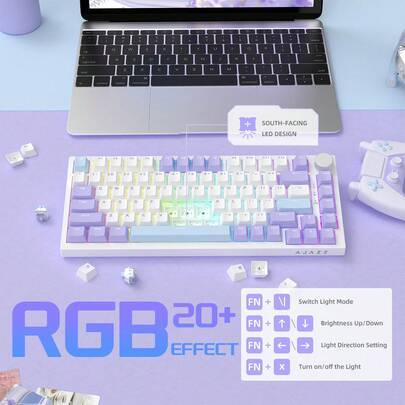 AJAZZ AK820 75% trådbundet mekaniskt gamingtangentbord med ratt, hot-swappable gasket mount RGB-tangentbord, NKRO linjära Sea Salt-brytare, kompatibel - Multifärgad (Multi-size)