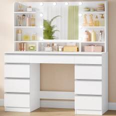 Hzuaneri Stort sminkbord med LED-belysning, 10 LED-ljuskulor, 3 färger, justerbar ljusstyrka, toalettbord med spegel, 9 lådor, 9 öppna hyllor, modern stil, vit-silver DT35703WV1