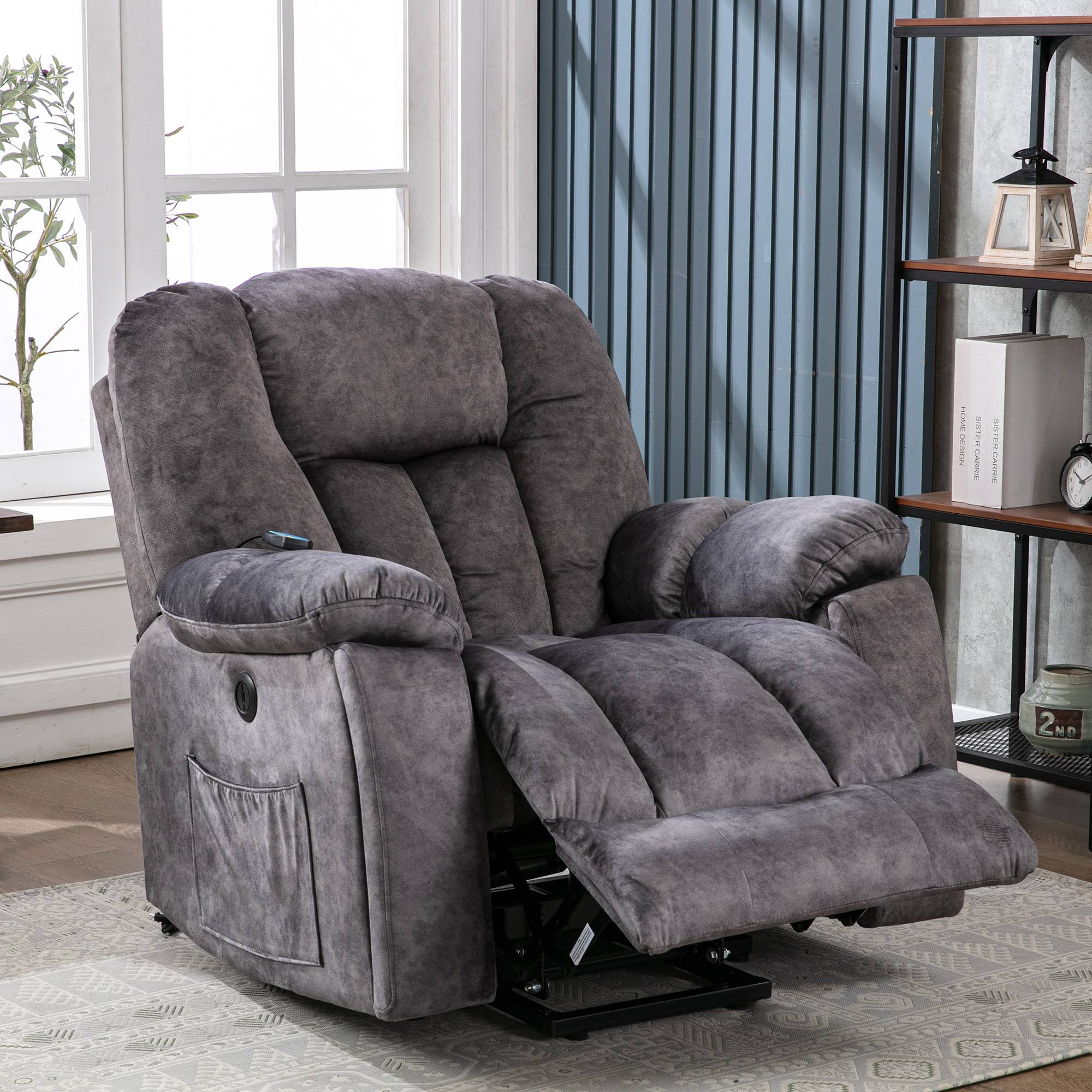 Power Lift Electric Recliner Chair with Heat and Vibration, Lounger Chair with USB Ports and Side Pockets, for Elderly, 100x95x105 cm, Grey Aosom.UK